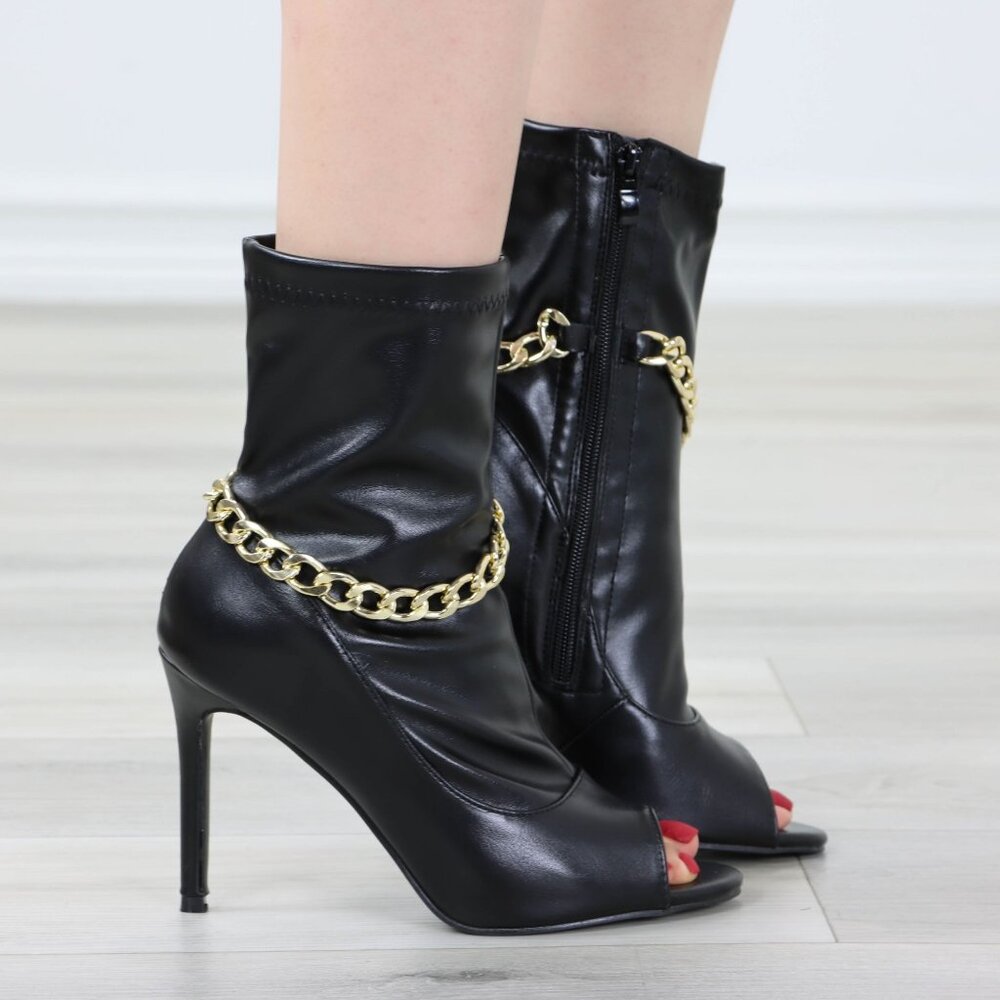 Black Peep Toe Ankle Boots Gold Chain Stiletto Heel Slip On